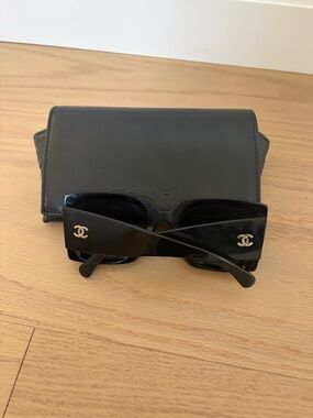 CHANEL Black Rectangular Sunglasses with Gold CC Logos